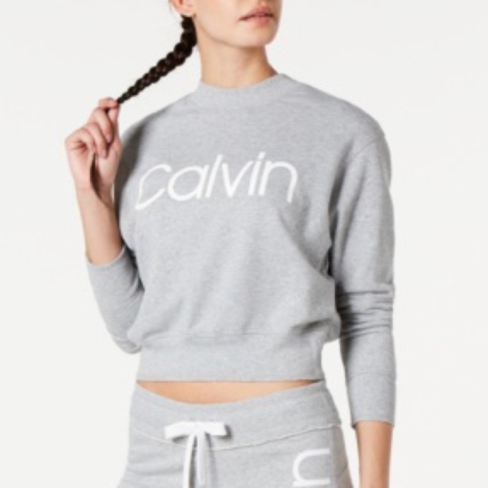 Calvin Klein Performance Logo Cropped Grey Crewneck Sweatshirt